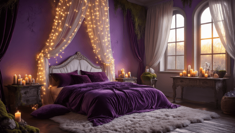 Cinematic wide-angle shot of a fantasy bedroom adorned with fairy lights, velvet pillows, and natural elements, featuring soft lighting and a cozy, magical atmosphere.