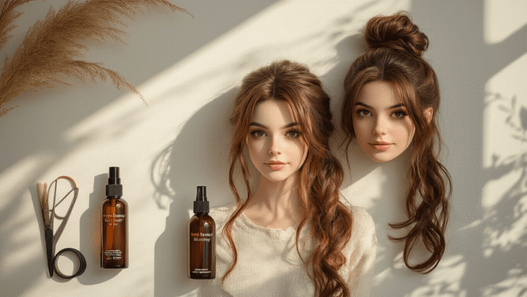 Professional cosplay hair styling setup with long brown hair in a messy bun, argan oil serum, texturizing spray, hair elastics, and styling tools on a clean white surface, illuminated by warm natural lighting.