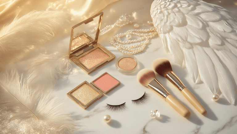 Ethereal angel cosplay makeup setup with dewy foundation, shimmering highlighters, soft brushes, iridescent eyeshadows, cream blush, luminous setting spray, delicate lashes, and scattered feathers and pearl accessories on a clean marble surface, illuminated by warm golden lighting.