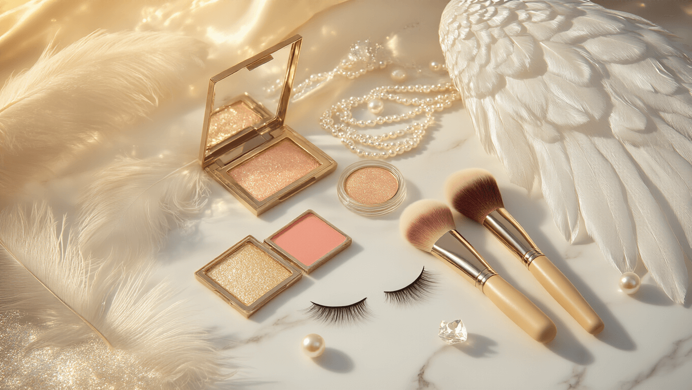 Ethereal angel cosplay makeup setup with dewy foundation, shimmering highlighters, soft brushes, iridescent eyeshadows, cream blush, luminous setting spray, delicate lashes, and scattered feathers and pearl accessories on a clean marble surface, illuminated by warm golden lighting.