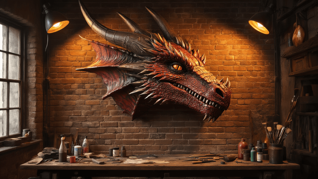 A dramatic workshop scene featuring a large dragon head mounted on a brick wall, illuminated by warm amber lighting, with a cluttered wooden workbench in the foreground. The dragon head displays intricate metallic paint textures and battle-worn details, complemented by ambient dust particles shimmering in the lighting.