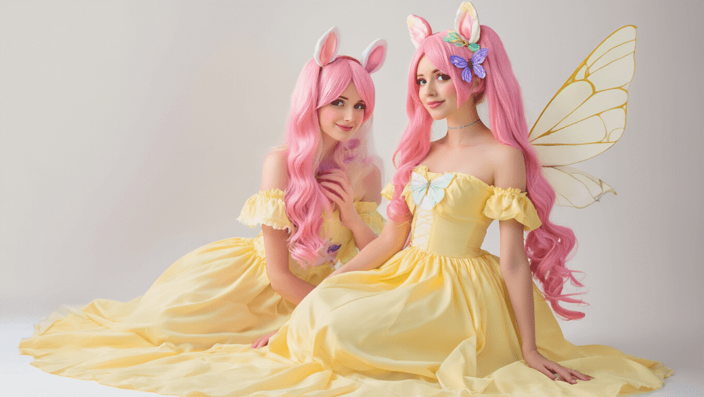 Fluttershy cosplay featuring a pastel yellow sundress, long pink wig, butterfly accessories, and cream-colored wings on a clean white background, capturing a whimsical and creative atmosphere.