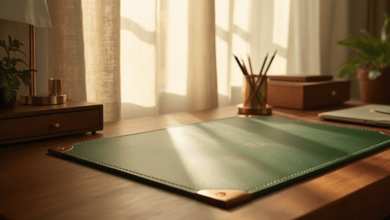 Close-up of a deep forest green leather desk mat on a mid-century modern wooden desk, featuring copper corner details and warm brass accessories, illuminated by morning sunlight streaming through linen curtains, creating a cozy workspace atmosphere with a soft focus background.