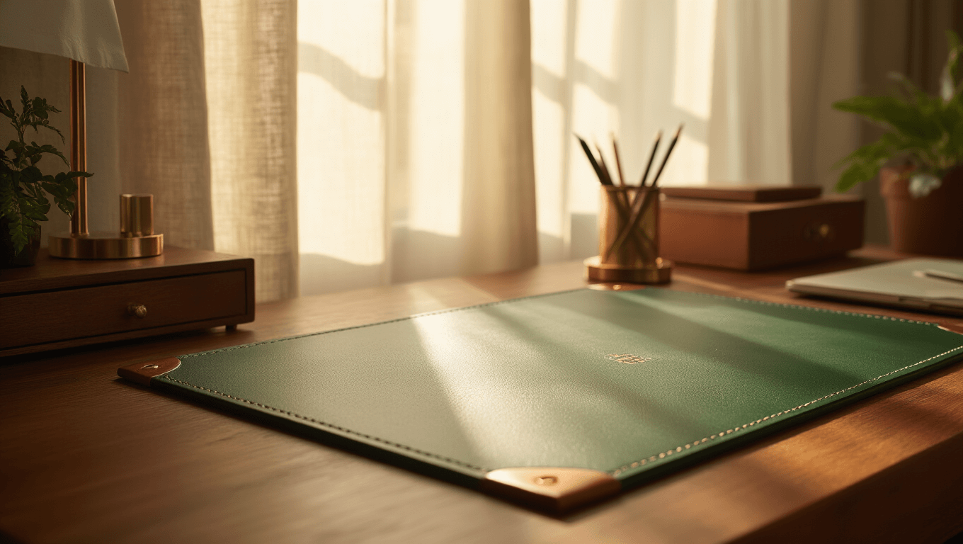 Close-up of a deep forest green leather desk mat on a mid-century modern wooden desk, featuring copper corner details and warm brass accessories, illuminated by morning sunlight streaming through linen curtains, creating a cozy workspace atmosphere with a soft focus background.