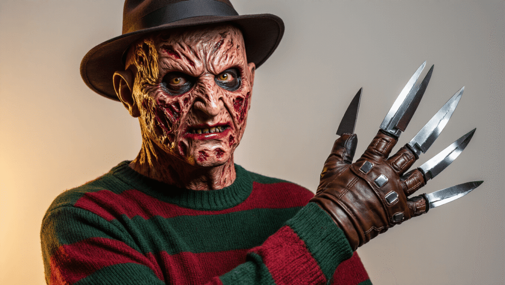 A haunting Freddy Krueger costume displaying realistic burn prosthetics, a striped sweater, a razor glove, and a fedora, set against a dark gradient background with dramatic lighting.