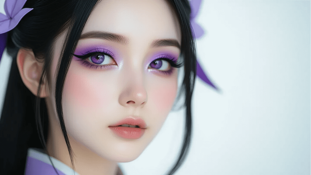 Close-up portrait of Ganyu-inspired cosplay makeup with ethereal purple eyeshadow, porcelain skin, sharp black eyeliner, and nude pink lips, set against a minimalist white background.
