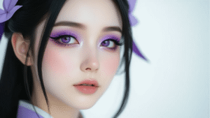 Close-up portrait of Ganyu-inspired cosplay makeup with ethereal purple eyeshadow, porcelain skin, sharp black eyeliner, and nude pink lips, set against a minimalist white background.