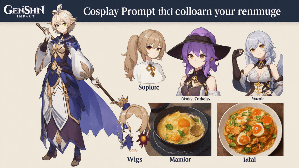 A vibrant collage showcasing detailed Genshin Impact cosplay costumes, wigs, and accessories, highlighting character designs and fan craftsmanship.