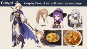 A vibrant collage showcasing detailed Genshin Impact cosplay costumes, wigs, and accessories, highlighting character designs and fan craftsmanship.