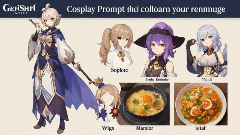 A vibrant collage showcasing detailed Genshin Impact cosplay costumes, wigs, and accessories, highlighting character designs and fan craftsmanship.