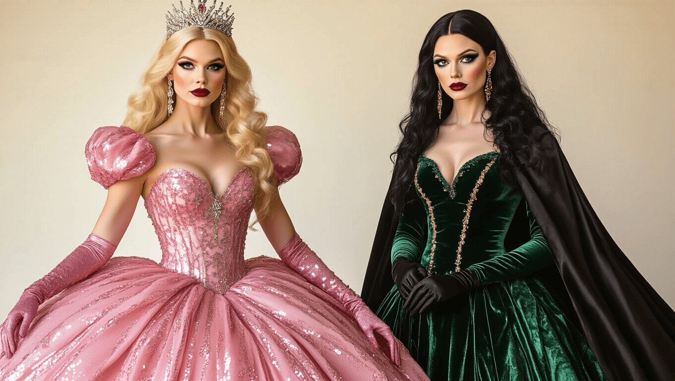 A glamorous Halloween costume display featuring Glinda in a pink sequined gown with a tiara and Elphaba in an emerald velvet dress with a black cape, both styled with theatrical makeup, statement jewelry, and soft golden lighting against a clean white background.