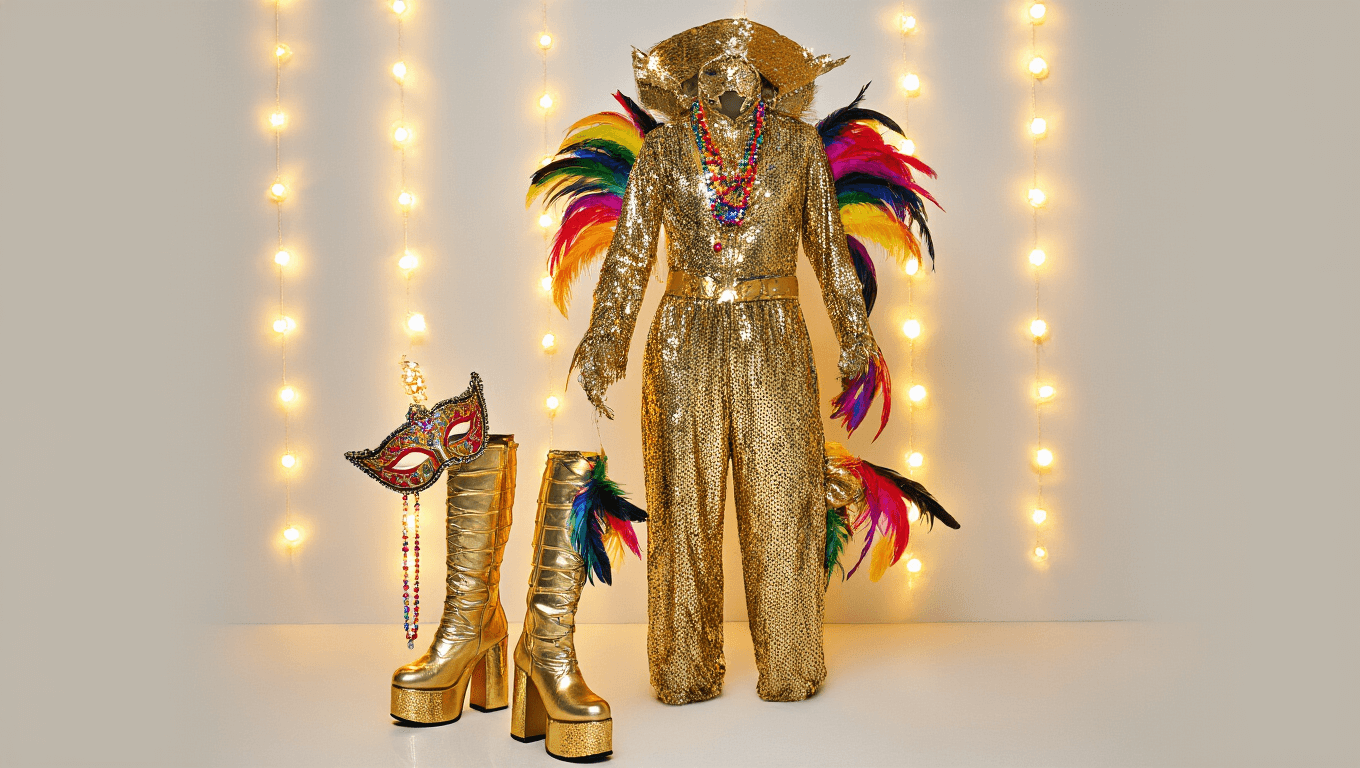 Dazzling golden disco jumpsuit with sequins and feathers, platform boots, and carnival accessories on a clean white background.