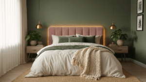 Cinematic wide shot of a stylish bedroom during golden hour, featuring layered ivory linens, sage velvet pillows, creamy knit blanket, dusty rose headboard, and warm brass lamp, complemented by a jute rug and a monstera plant, with a gallery wall and soft, filtered sunlight for a cozy, inviting atmosphere.