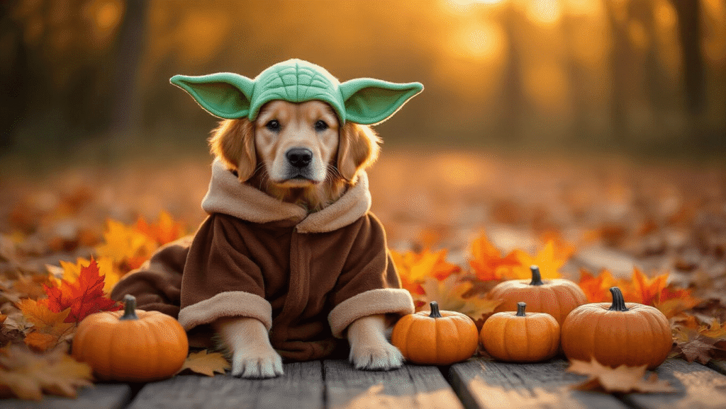 A golden retriever in a Baby Yoda costume sits on wooden planks, surrounded by autumn leaves and pumpkins, illuminated by warm sunset light.