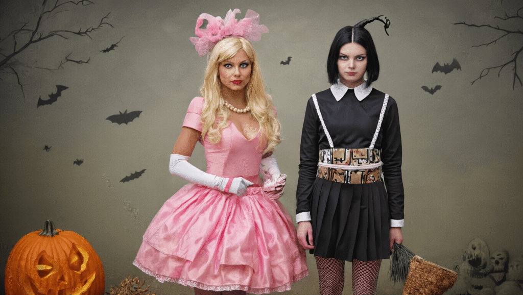A collection of creative Halloween costumes, featuring characters like Elle Woods and Wednesday Addams, displayed with vibrant colors and unique accessories.