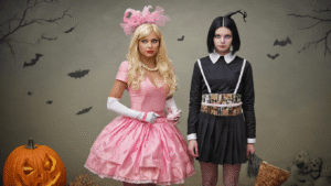 A collection of creative Halloween costumes, featuring characters like Elle Woods and Wednesday Addams, displayed with vibrant colors and unique accessories.