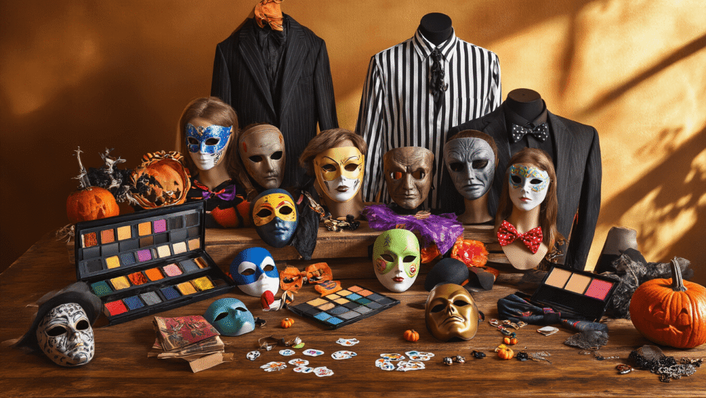 A rustic wooden table displays a colorful array of Halloween masks, face paint palettes, vintage suits, striped shirts, and character accessories, all bathed in warm amber lighting, creating a cozy and inviting atmosphere perfect for costume inspiration.