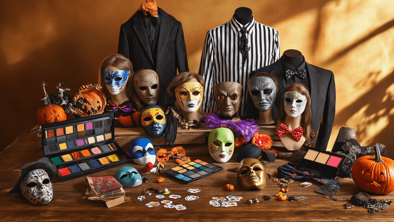 A rustic wooden table displays a colorful array of Halloween masks, face paint palettes, vintage suits, striped shirts, and character accessories, all bathed in warm amber lighting, creating a cozy and inviting atmosphere perfect for costume inspiration.
