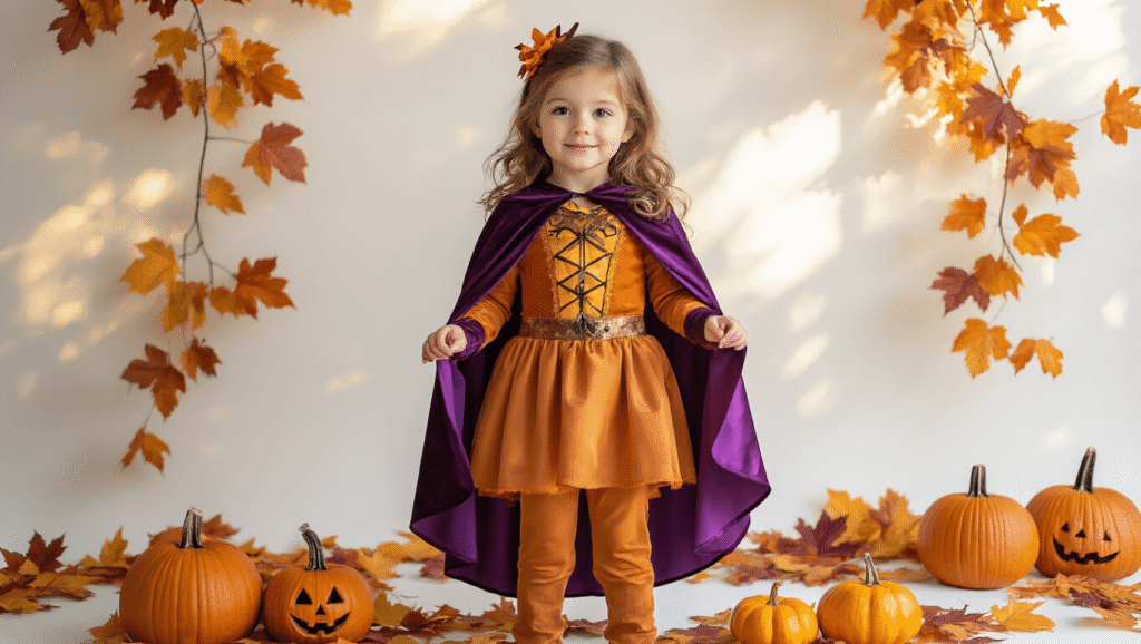 Young girl in a vibrant, well-fitted Halloween costume with flowing cape, surrounded by autumn leaves and small pumpkins, set against a clean white background with soft golden lighting, creating a cozy and festive atmosphere.