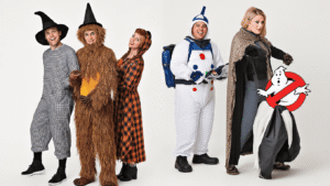 Group of four people dressed in Halloween costumes inspired by Wizard of Oz and Ghostbusters themes.