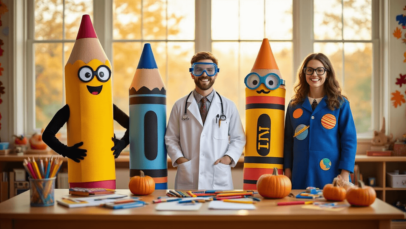 A warm classroom scene with teachers in creative Halloween costumes: a giant yellow pencil, colorful crayon outfit, white lab coat with goggles, and blue Ms. Frizzle dress. Soft golden hour lighting highlights rich textures and scattered craft supplies, creating a cozy autumn atmosphere.