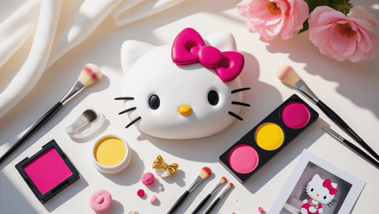 A cozy makeup station scene showcasing Hello Kitty cosplay supplies, featuring professional face paints in white, pink, black, and yellow, along with brushes and sponges, all arranged on a soft white surface with gentle natural lighting.