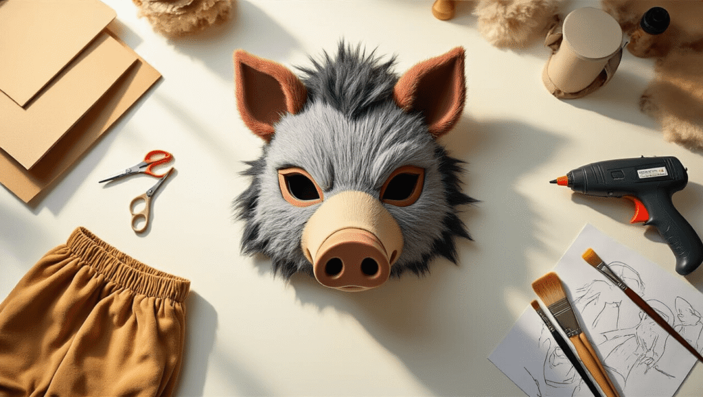 A detailed boar head mask made from EVA foam and gray faux fur on a clean white crafting table, surrounded by cosplay materials like foam sheets, a hot glue gun, fabric scissors, and brown poofy pants, with warm golden lighting casting inviting shadows over the scene.