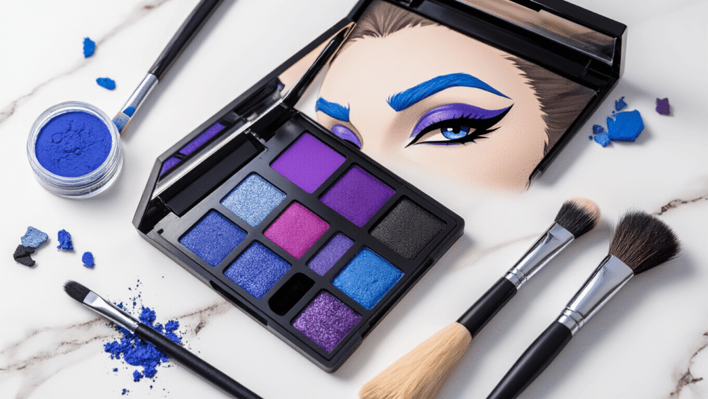 Flat lay of Jinx Arcane cosplay makeup essentials on a white marble surface, featuring royal blue eyebrow pomade, purple and blue eyeshadow palette, black gel eyeliner, makeup brushes, and setting powder, with scattered blue and purple pigments, all illuminated by warm natural lighting.