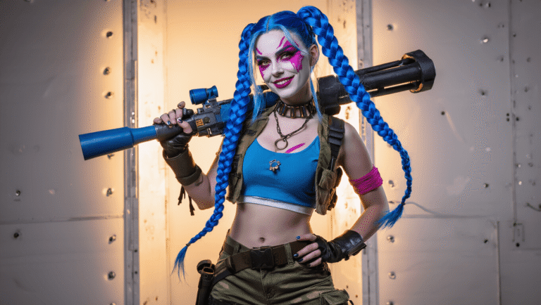 A Jinx cosplay featuring long electric blue braids, chaotic purple and pink makeup, dressed in a crop top and cargo pants, holding a Fishbones rocket launcher prop against a clean white background with warm golden lighting that highlights the costume's details.