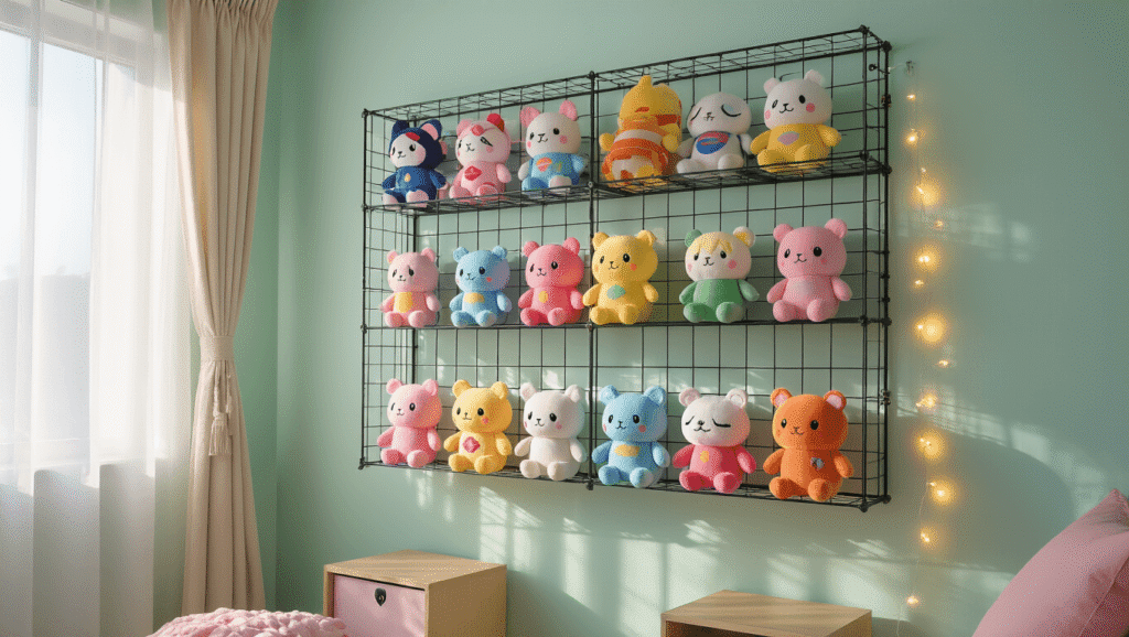A modern bedroom wall with a metal wire grid showcasing colorful anime and video game plushies, illuminated by soft morning light, pastel mint green walls, and warm tungsten lighting, creating a cozy kawaii atmosphere.