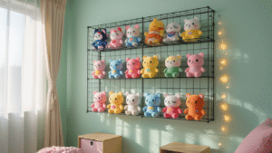 A modern bedroom wall with a metal wire grid showcasing colorful anime and video game plushies, illuminated by soft morning light, pastel mint green walls, and warm tungsten lighting, creating a cozy kawaii atmosphere.