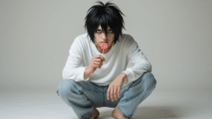 A cosplayer in a crouched pose resembling L from Death Note, wearing an oversized white shirt and light-wash baggy jeans, with a messy black wig and subtle makeup, holding a half-eaten lollipop against a clean white background.