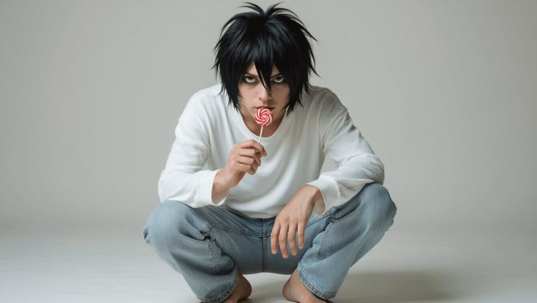 A cosplayer in a crouched pose resembling L from Death Note, wearing an oversized white shirt and light-wash baggy jeans, with a messy black wig and subtle makeup, holding a half-eaten lollipop against a clean white background.