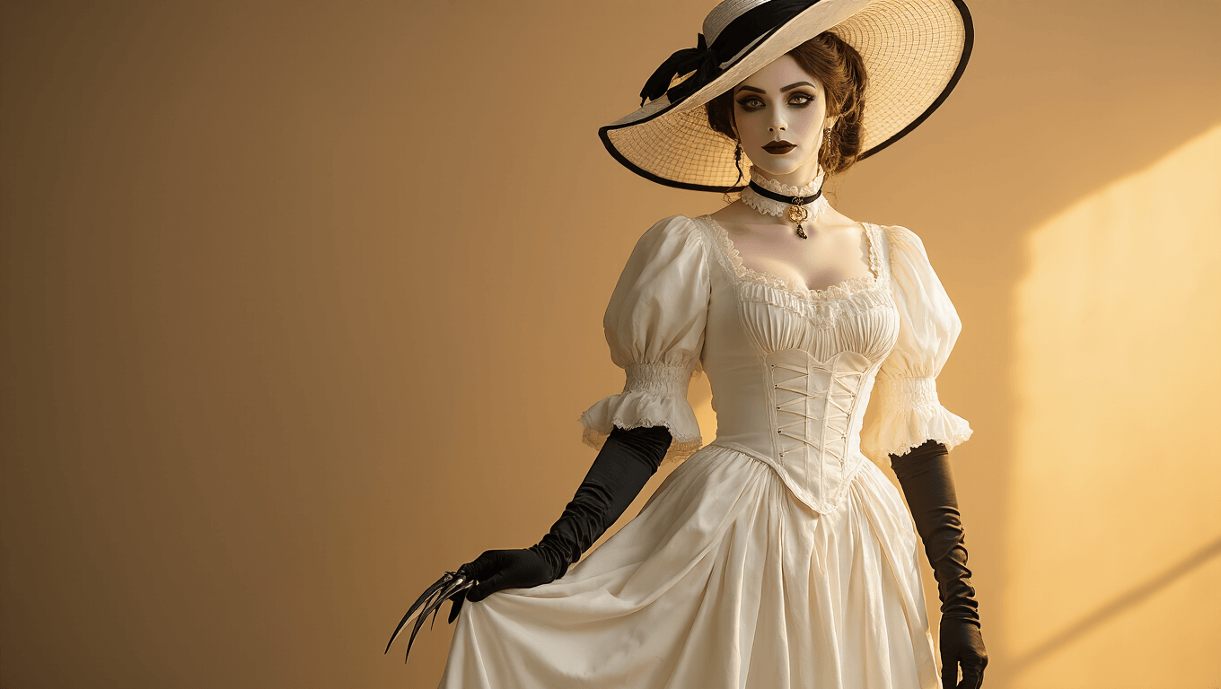 Lady Dimitrescu cosplayer in vintage white dress with black gloves and wide-brimmed hat, captured in warm golden hour lighting, showcasing intricate costume details and a gothic yet glamorous aesthetic.