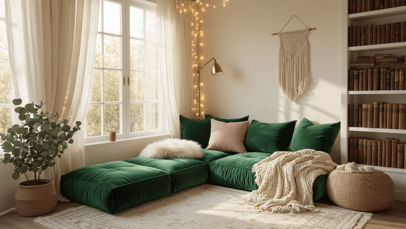 Enchanting reading nook with emerald cushions, fairy lights, and warm golden hour lighting, featuring a cream Persian rug, vintage books, and cozy textures in a dreamy atmosphere.