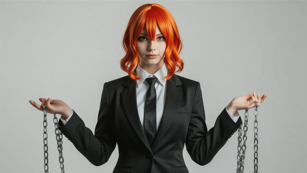 Cosplayer as Makima from Chainsaw Man in a black blazer, white shirt, and black tie, with a red-orange wig and elegant chains, set against a minimalist white background.