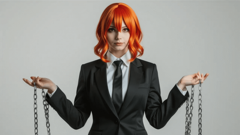 Cosplayer as Makima from Chainsaw Man in a black blazer, white shirt, and black tie, with a red-orange wig and elegant chains, set against a minimalist white background.