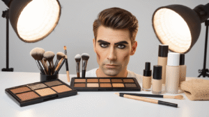 Professional makeup station for male cosplay transformation with contour palette, brushes, eyeshadows, eyebrow pencil, and foundation, all arranged on a clean white surface under warm studio lighting.