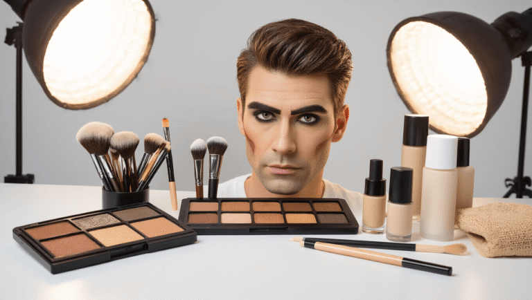 Professional makeup station for male cosplay transformation with contour palette, brushes, eyeshadows, eyebrow pencil, and foundation, all arranged on a clean white surface under warm studio lighting.