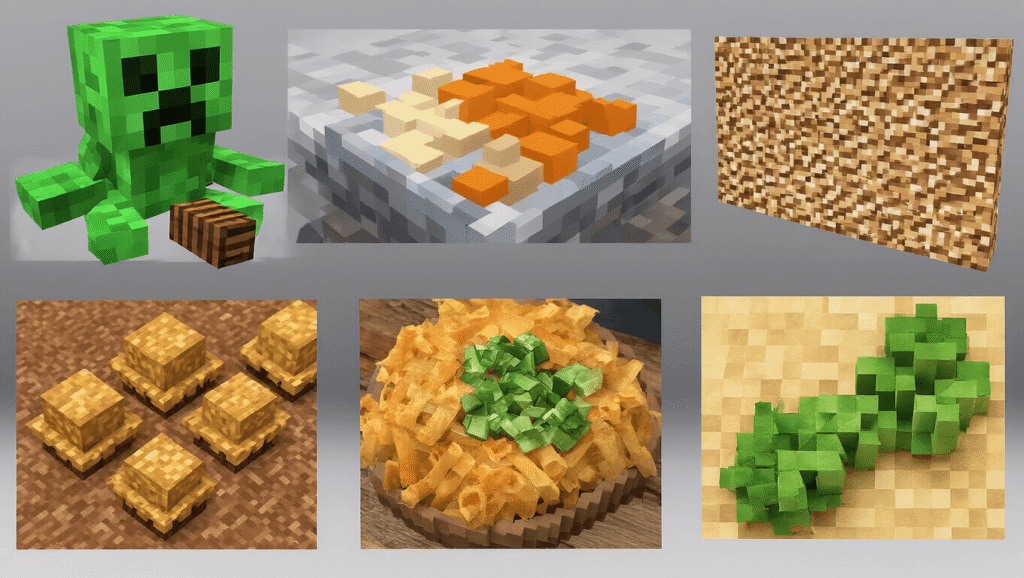 A colorful and detailed depiction of Minecraft cosplay outfits, featuring pixelated patterns and accessories inspired by the game characters, set against a gaming-themed backdrop.