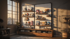 Cinematic wide-angle shot of a stylish industrial pegboard room divider featuring colorful anime figures and collectibles, illuminated by warm golden hour light, with rich walnut wood accents and textured walls.