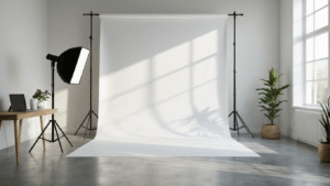 Ultra-wide angle view of a modern home office photography setup with a white seamless backdrop, minimalist desk, black laptop, and ceramic accessories, showcasing natural light and a polished concrete floor.