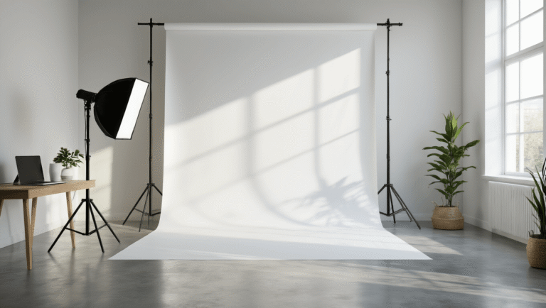 Ultra-wide angle view of a modern home office photography setup with a white seamless backdrop, minimalist desk, black laptop, and ceramic accessories, showcasing natural light and a polished concrete floor.
