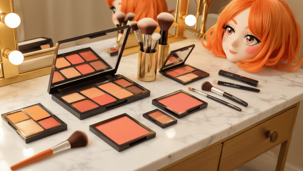 A makeup vanity scene showcasing Nami cosplay with peachy eyeshadow, coral blush, false eyelashes, and brown eyeliner on a marble surface, accompanied by makeup brushes and color correctors, all under soft golden lighting, with an orange wig and One Piece references in the background.