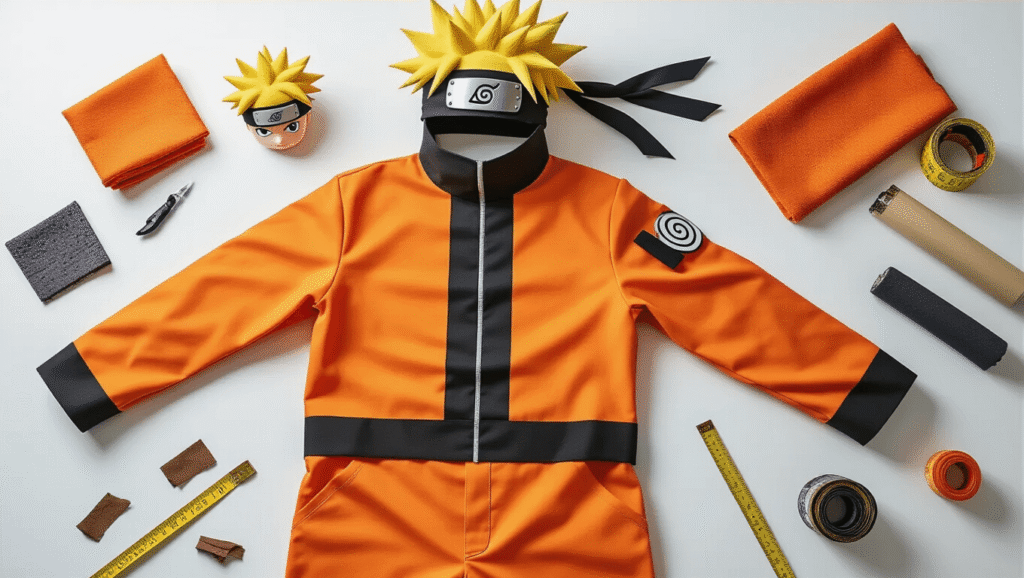 A vibrant orange cosplay jumpsuit with a black ninja headband and blonde spiky wig, surrounded by crafting materials like measuring tape and fabric swatches, set against a clean white background with warm studio lighting.