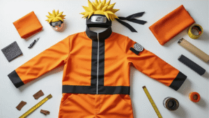 A vibrant orange cosplay jumpsuit with a black ninja headband and blonde spiky wig, surrounded by crafting materials like measuring tape and fabric swatches, set against a clean white background with warm studio lighting.