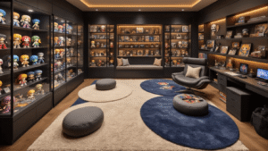 A meticulously organized fandom collector's room showcasing layered neutral-toned rugs, vibrant anime figures, and comic memorabilia in illuminated display cases, with a cozy reading corner and a gaming setup, all enhanced by soft diffused lighting and warm amber accents.