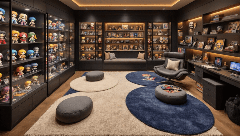 A meticulously organized fandom collector's room showcasing layered neutral-toned rugs, vibrant anime figures, and comic memorabilia in illuminated display cases, with a cozy reading corner and a gaming setup, all enhanced by soft diffused lighting and warm amber accents.