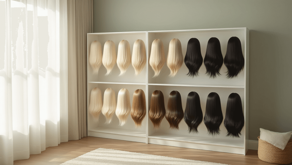 A stylish bedroom with an elegant white bookshelf displaying a gradient wig collection from short platinum blonde to long jet black styles, bathed in soft natural light with muted sage walls and warm hardwood floors.
