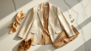 Flat lay of an oversized cream linen blazer paired with camel wool trousers, tan leather loafers, and delicate gold jewelry on a white marble surface, accented by a silk scarf and minimalist watch, all under warm natural lighting.